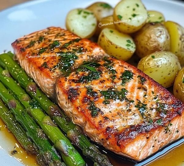maquillaje para principiantes _ “Salmón ajo y hierbas con espárragos y papas bebé” 🐟 🥔 _ Facebook